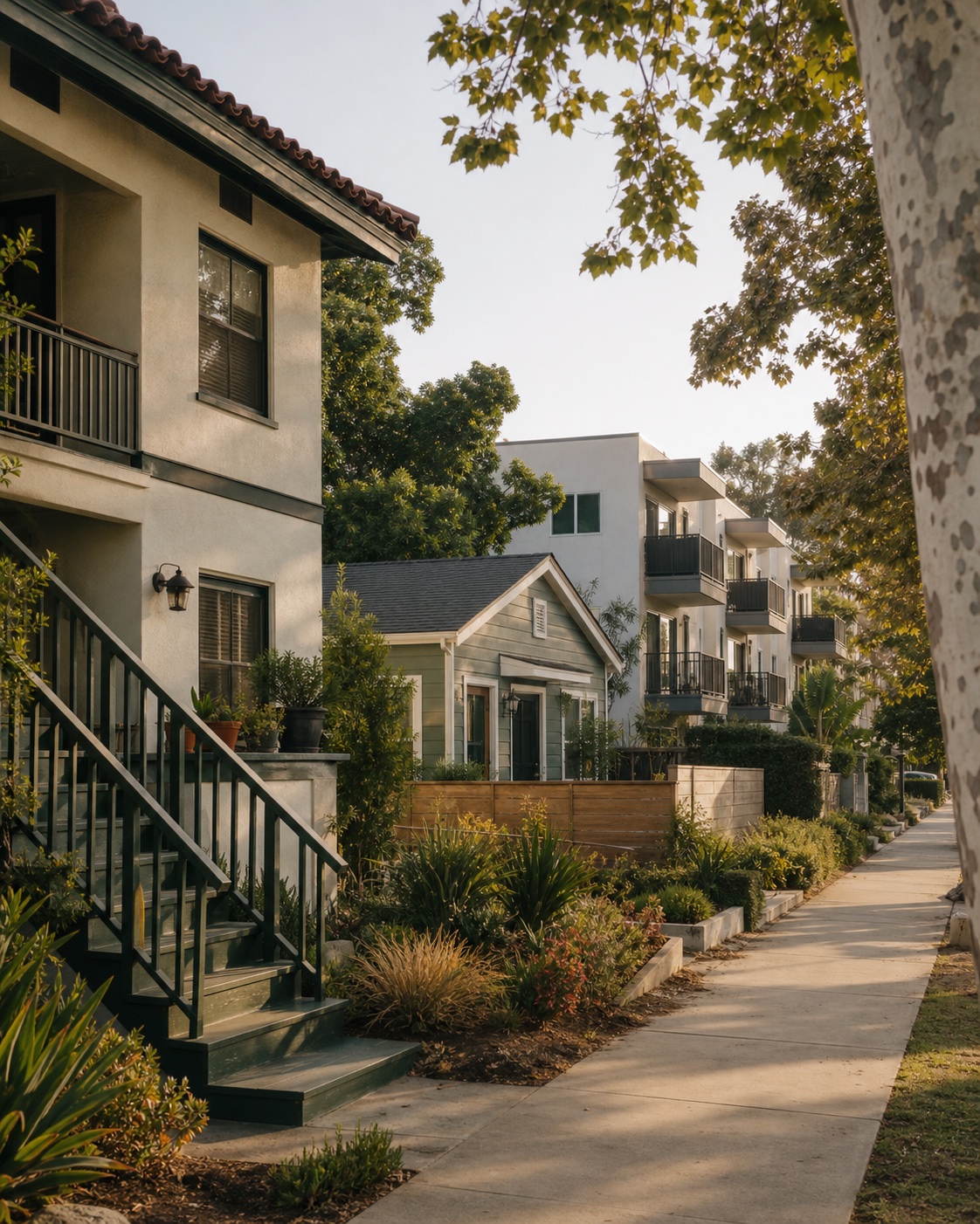 Southern California block with duplex, ADU, and low-rise apartments