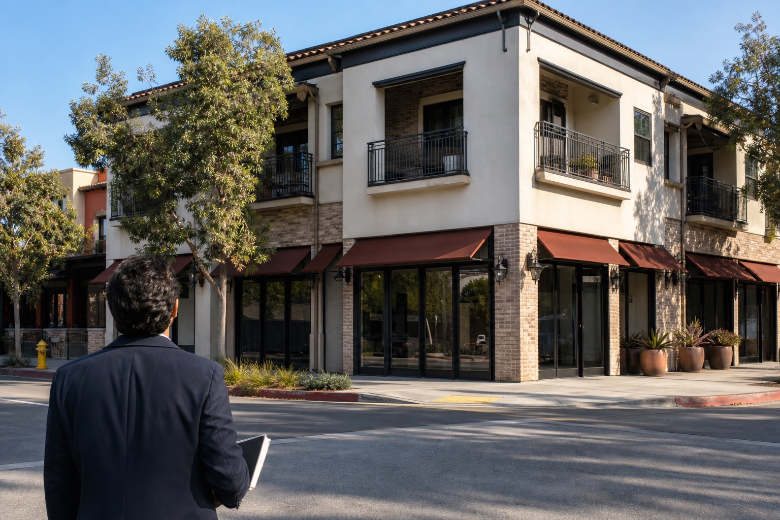 Advisor reviewing a mixed-use California property from across the street