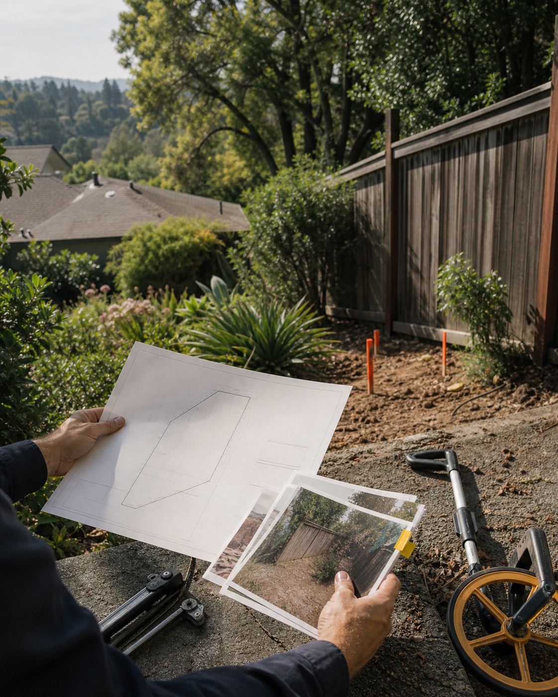 Site plan, property photographs, and measuring wheel at a California property boundary