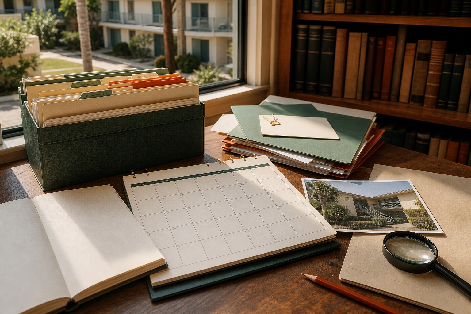 Calendar, source folders, property photographs, and research materials arranged on a worktable