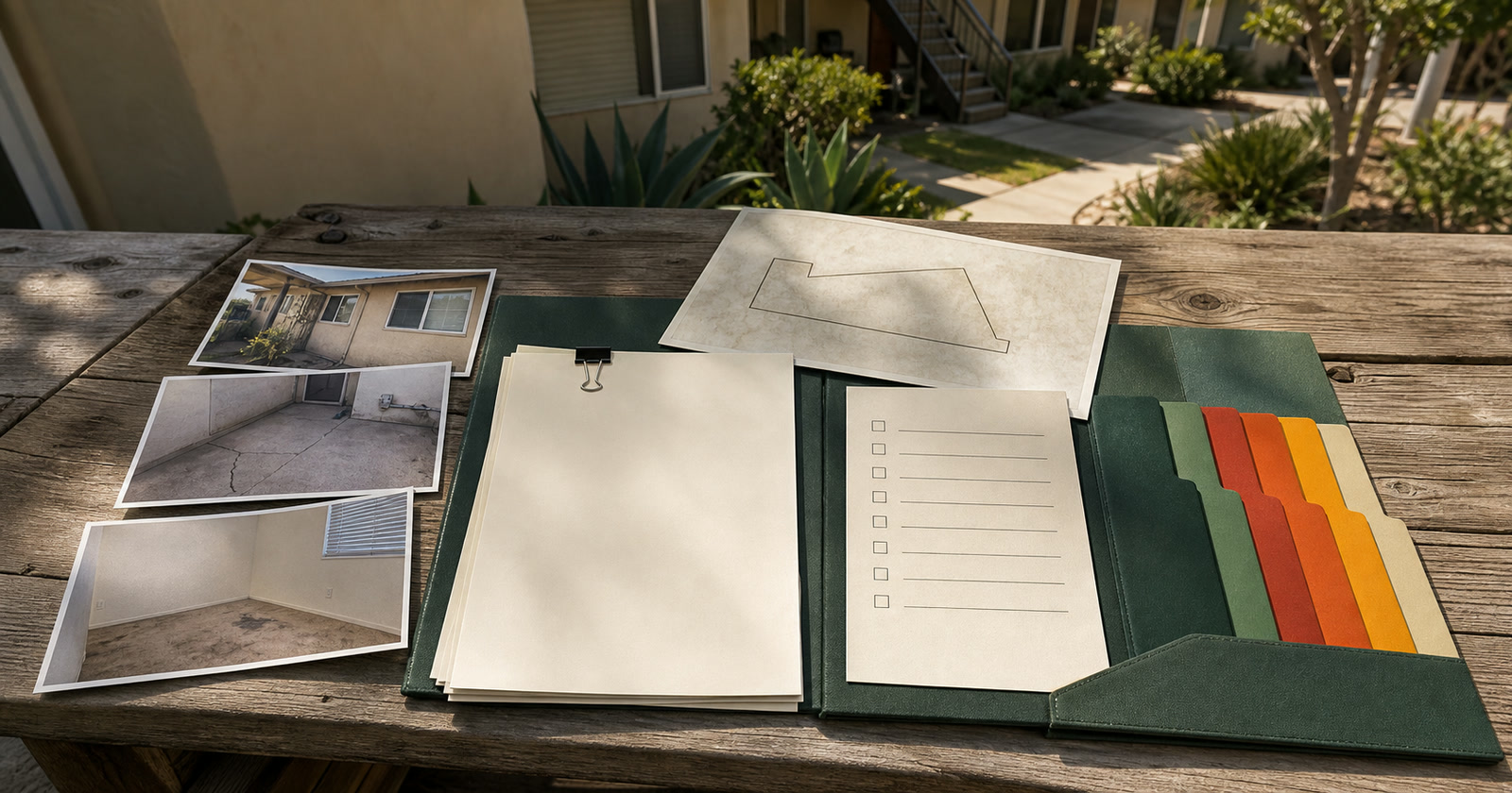 Organized field guide and California rental-property reference materials on an outdoor table