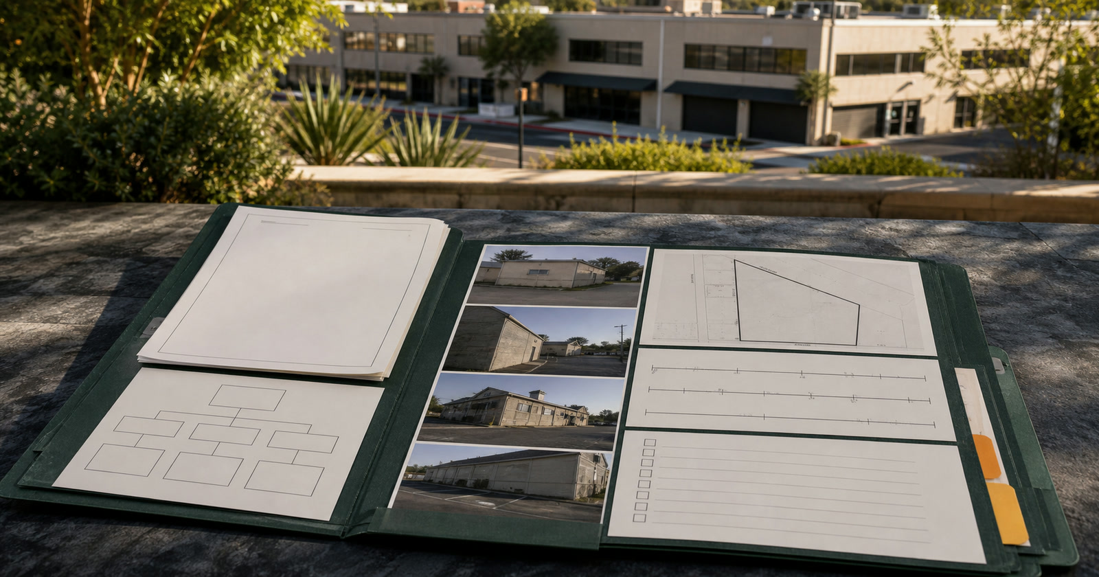 Organized rental-property photographs and blank review materials prepared for practical legal counsel