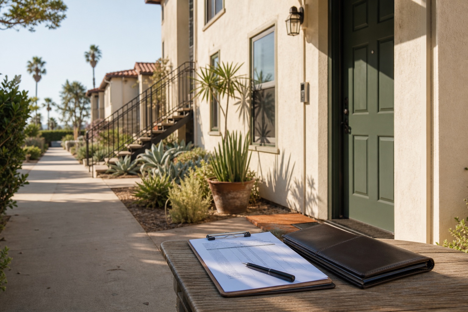 Organized property file and clipboard at a sunlit Southern California apartment walkway.