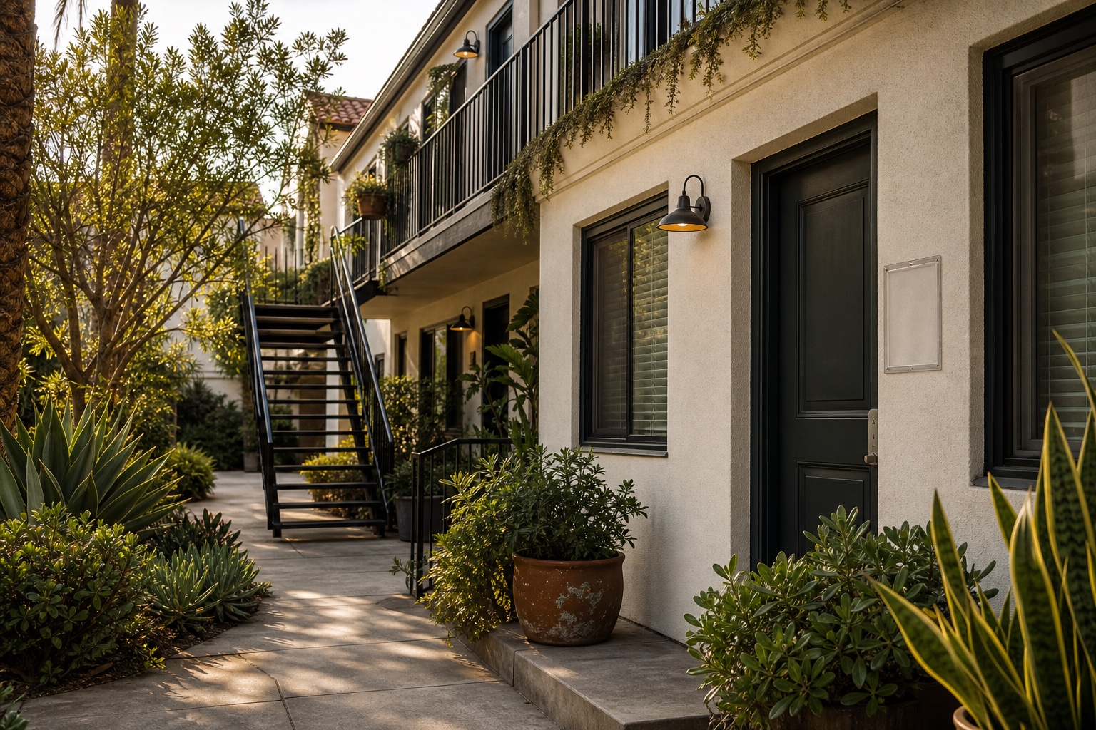 Sunlit courtyard and exterior stairs at a landscaped Southern California apartment building.