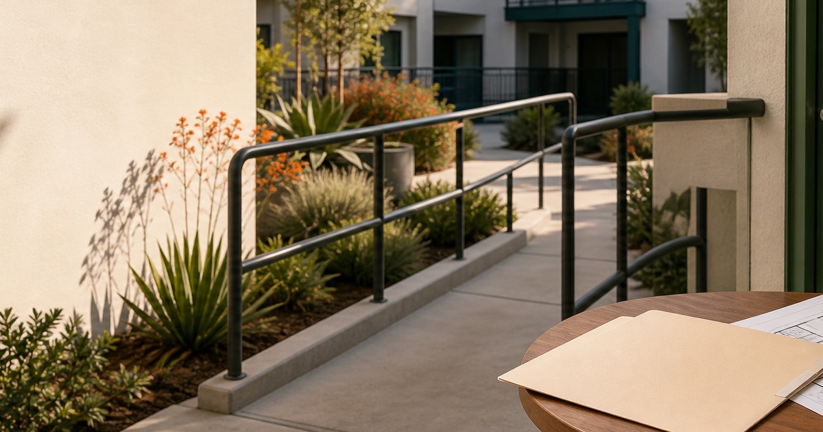 Accessible California apartment entry with an organized accommodation-review file