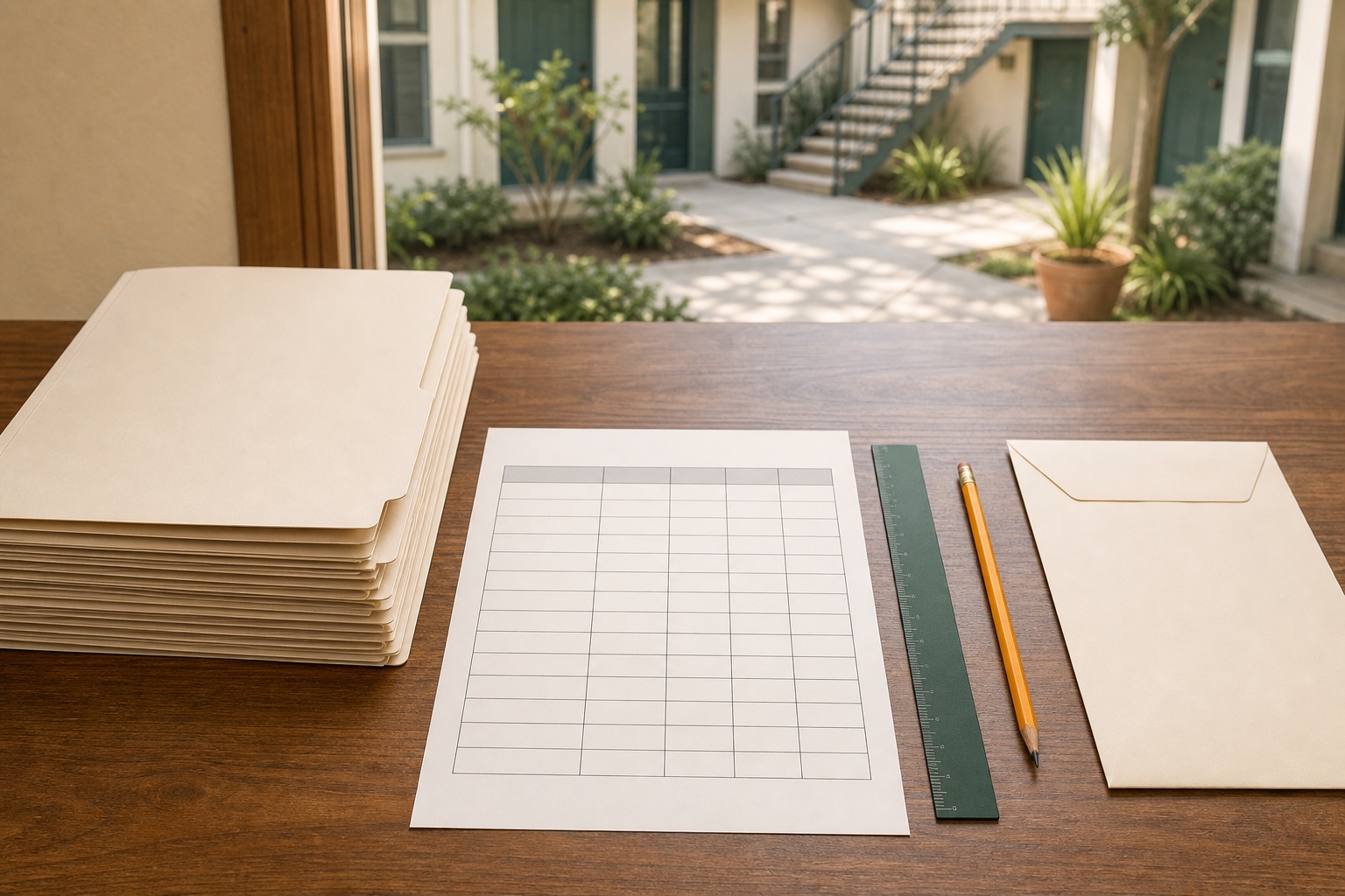 Blank rental application folders and screening criteria worksheet arranged consistently