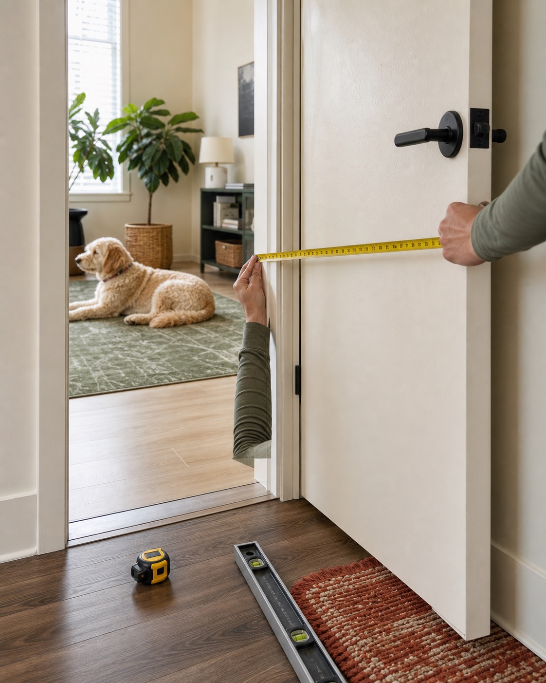 Doorway measurement and assistance dog during an illustrative apartment access review