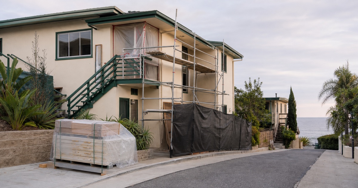 Controlled substantial-remodel staging at one unit of a Laguna Beach rental property.