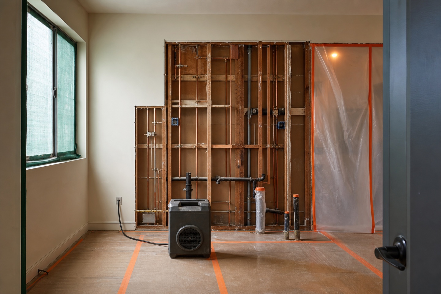 Vacant apartment wall opened for coordinated structural, plumbing, and electrical work.