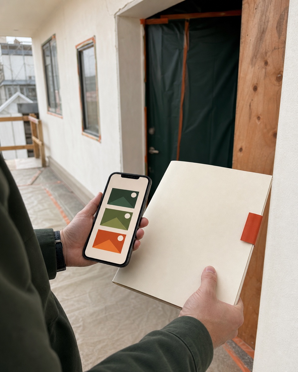 Project coordinator prepares an abstract city filing beside a protected remodel entry.