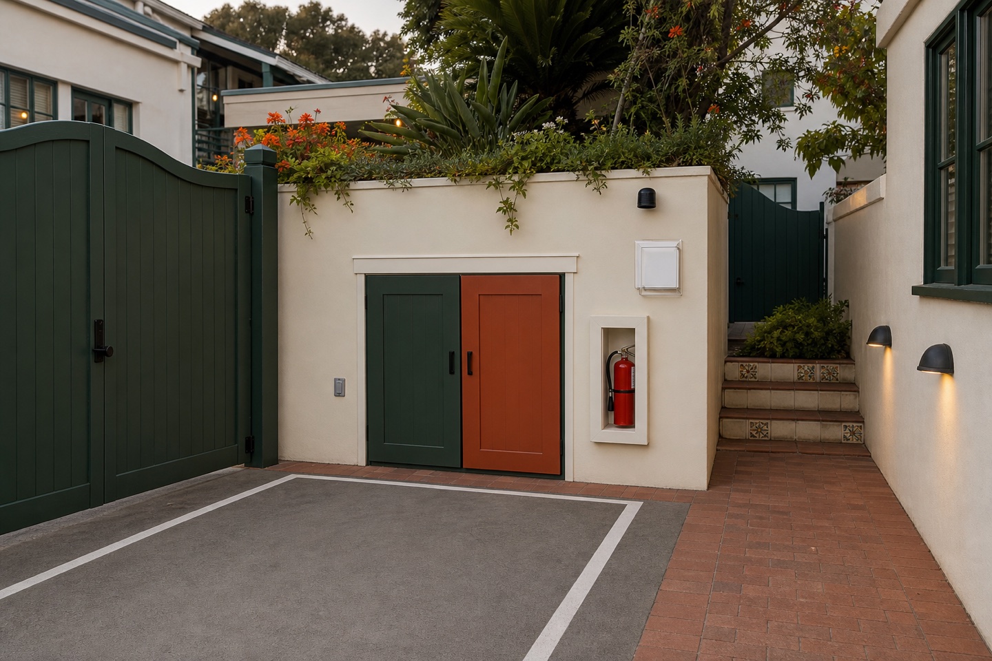 Short-term lodging courtyard with parking, safety, lighting, and waste controls.
