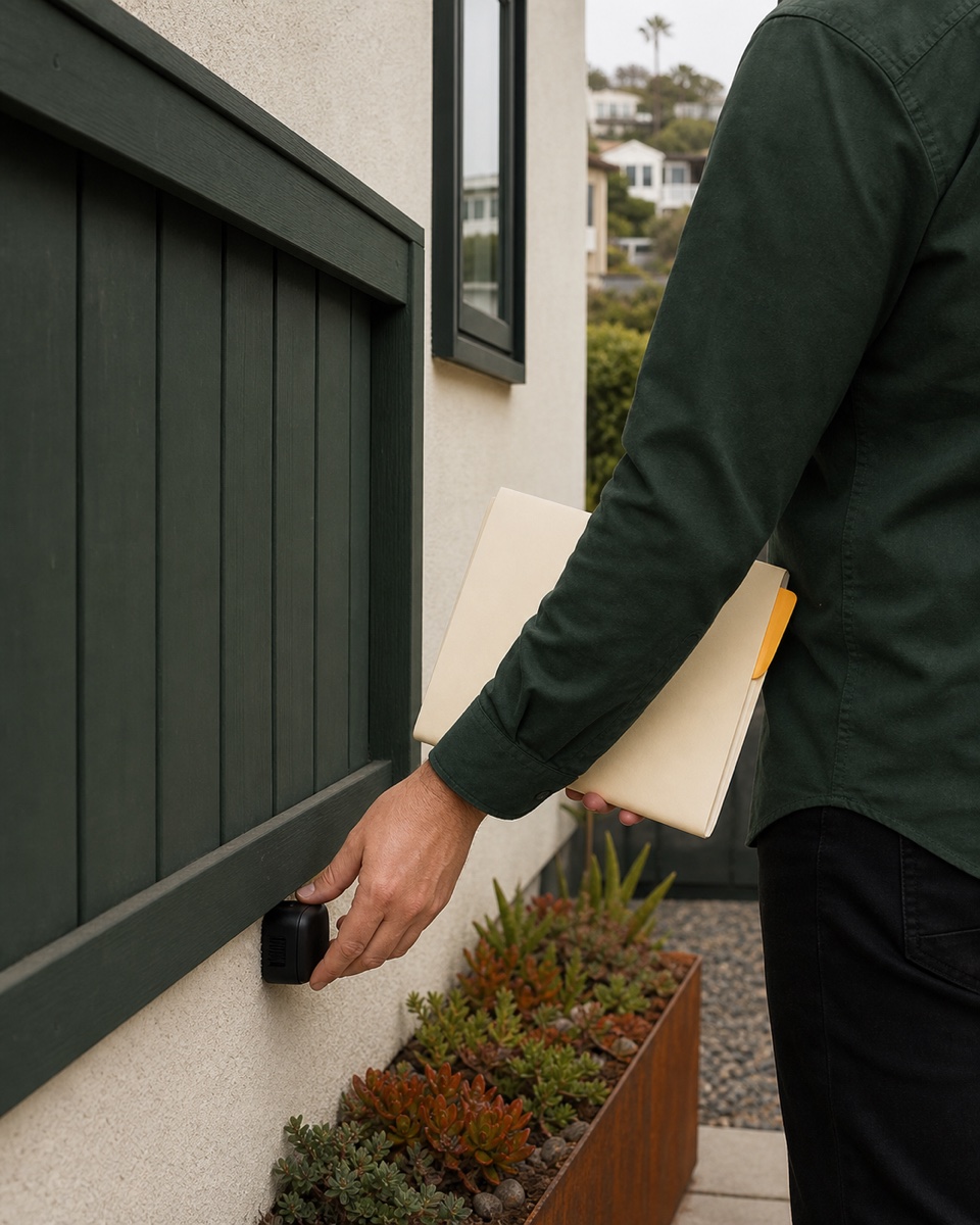 Local property contact checks an exterior sound monitor along a neighbor-facing patio boundary.