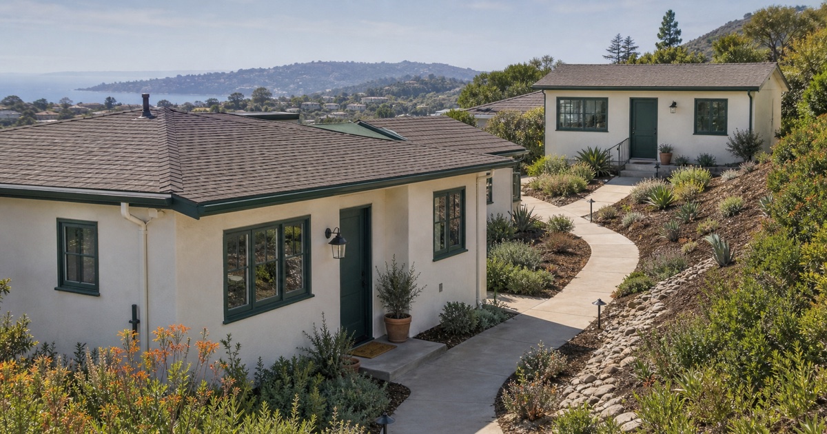 Laguna Beach main home and detached accessory dwelling unit connected across a planted hillside lot.