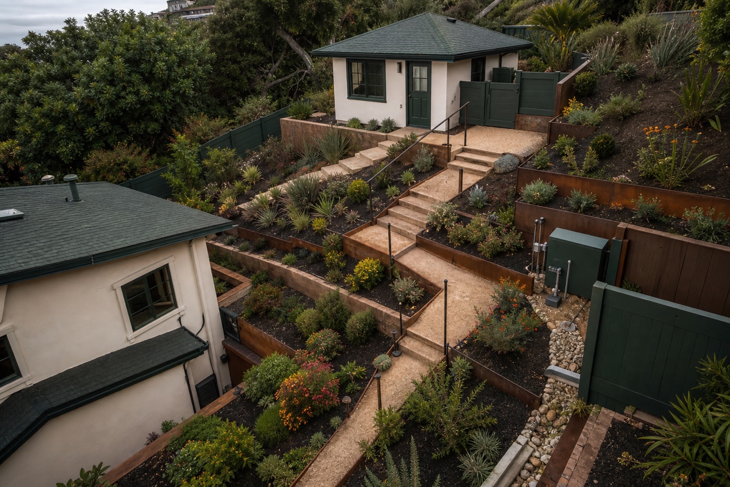 Terraced ADU site showing coordinated access, drainage, fire clearance, and utilities.