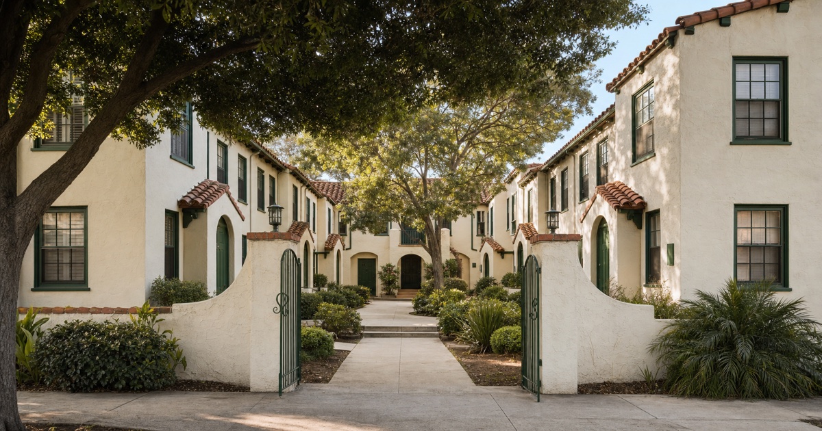 Tree-shaded Spanish-revival courtyard apartment building in Santa Ana.