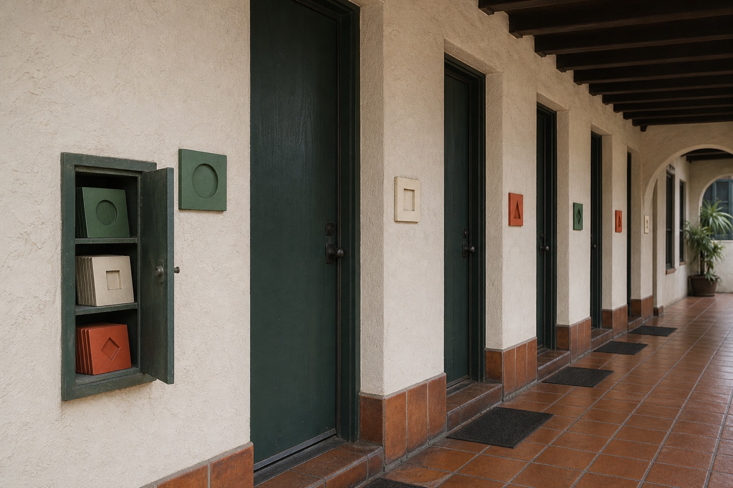 Santa Ana apartment breezeway with distinct wordless status tiles at individual unit entries.