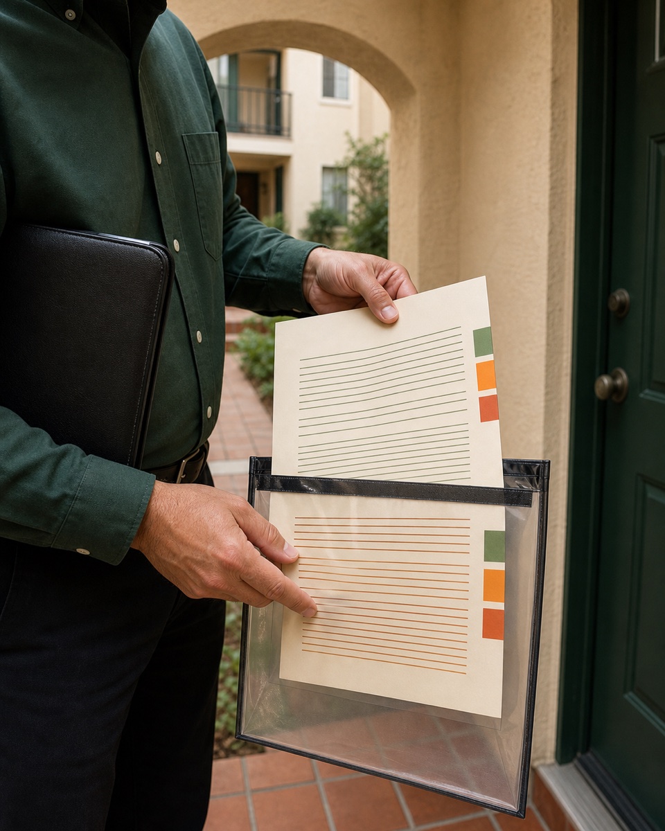Property manager prepares paired abstract language-matched notice packets at a Santa Ana unit.