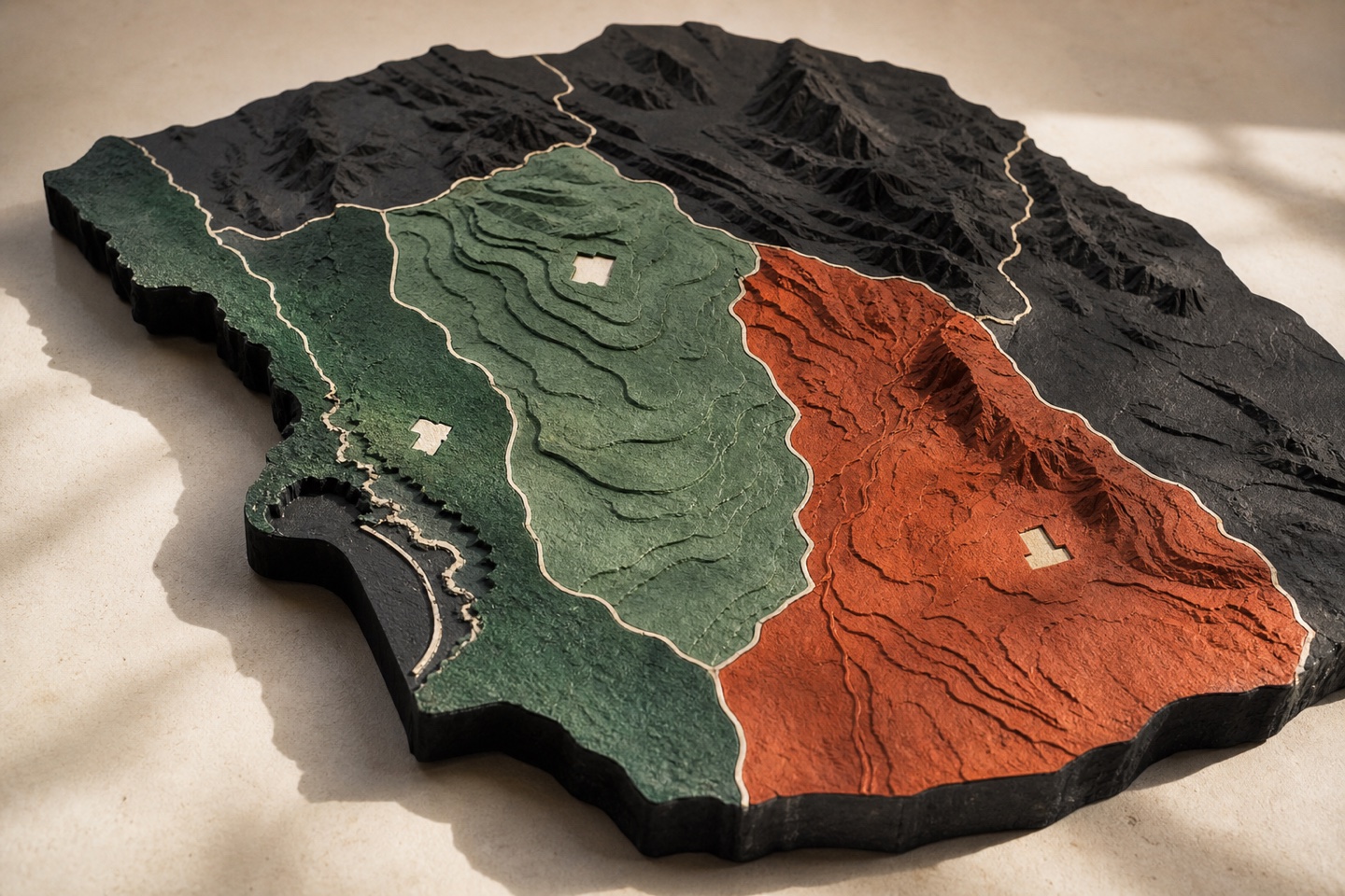 Handcrafted relief model showing three unlabeled neighboring jurisdiction zones.