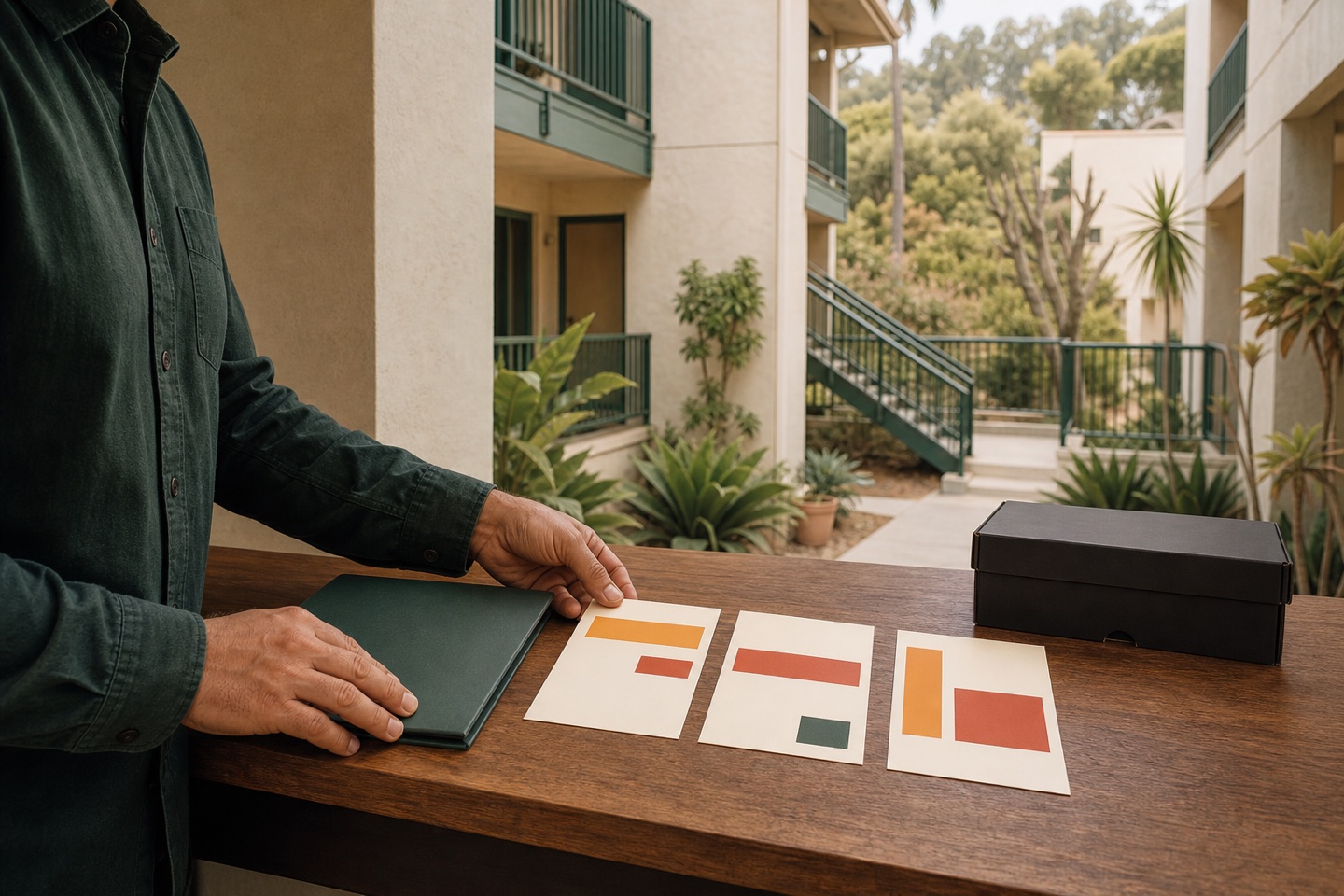 Property manager arranges a single abstract tenant-protection workflow in an apartment courtyard.