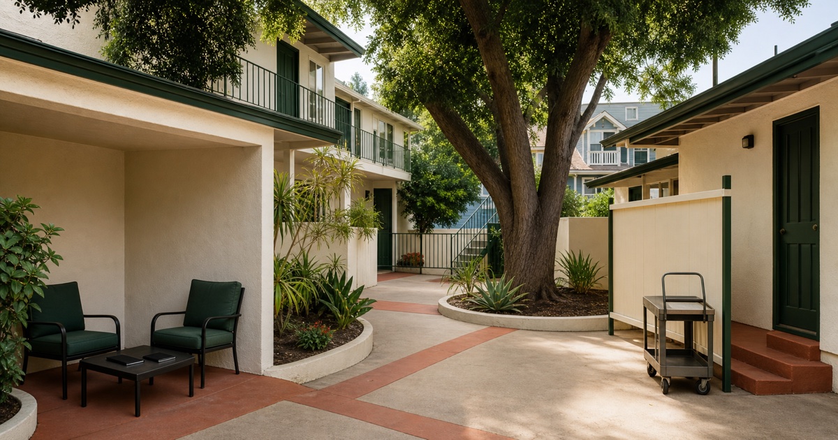 San Diego apartment courtyard with separate resident-discussion and unit-transition areas.