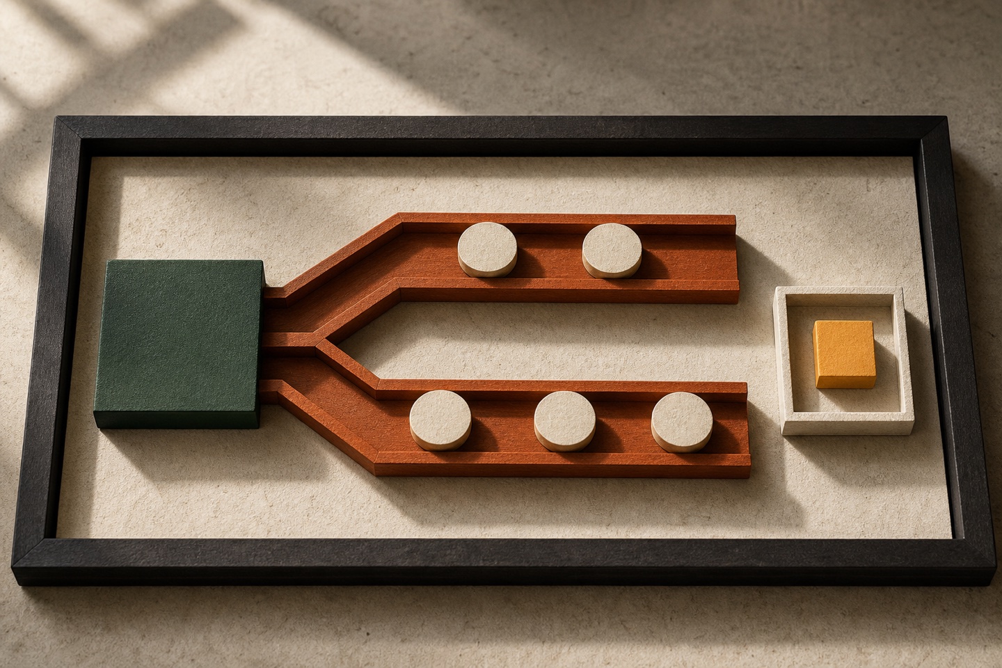 Tactile model with distinct two-period and three-period relocation branches plus a separate return marker.