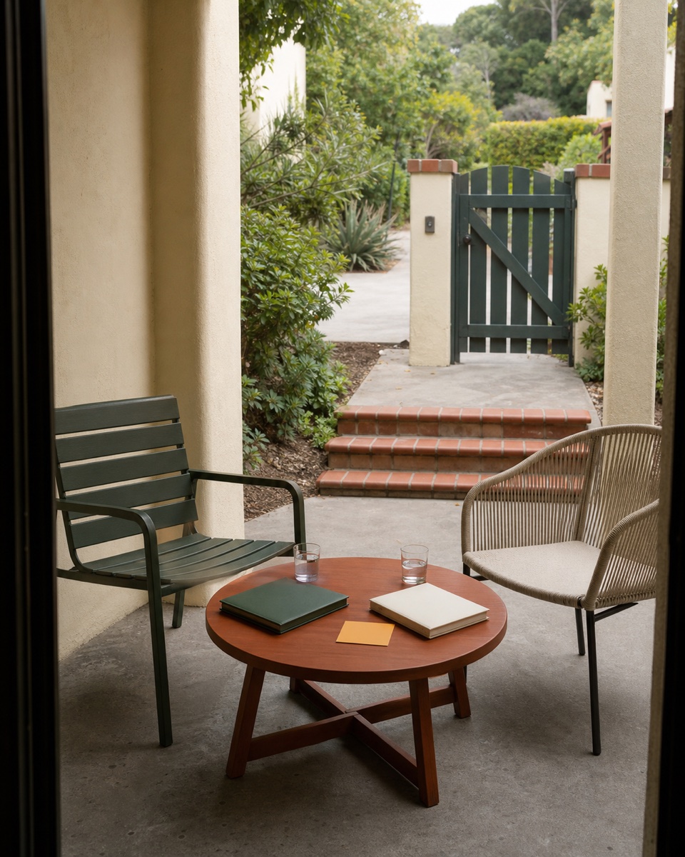 Neutral two-chair apartment patio prepared for a voluntary buyout discussion.