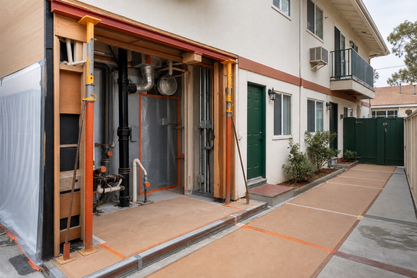 Vacant apartment service core opened for coordinated structural and building-systems work.