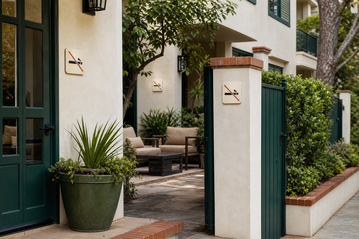 Three matching wordless smoke-free pictograms placed through a Carlsbad apartment property.