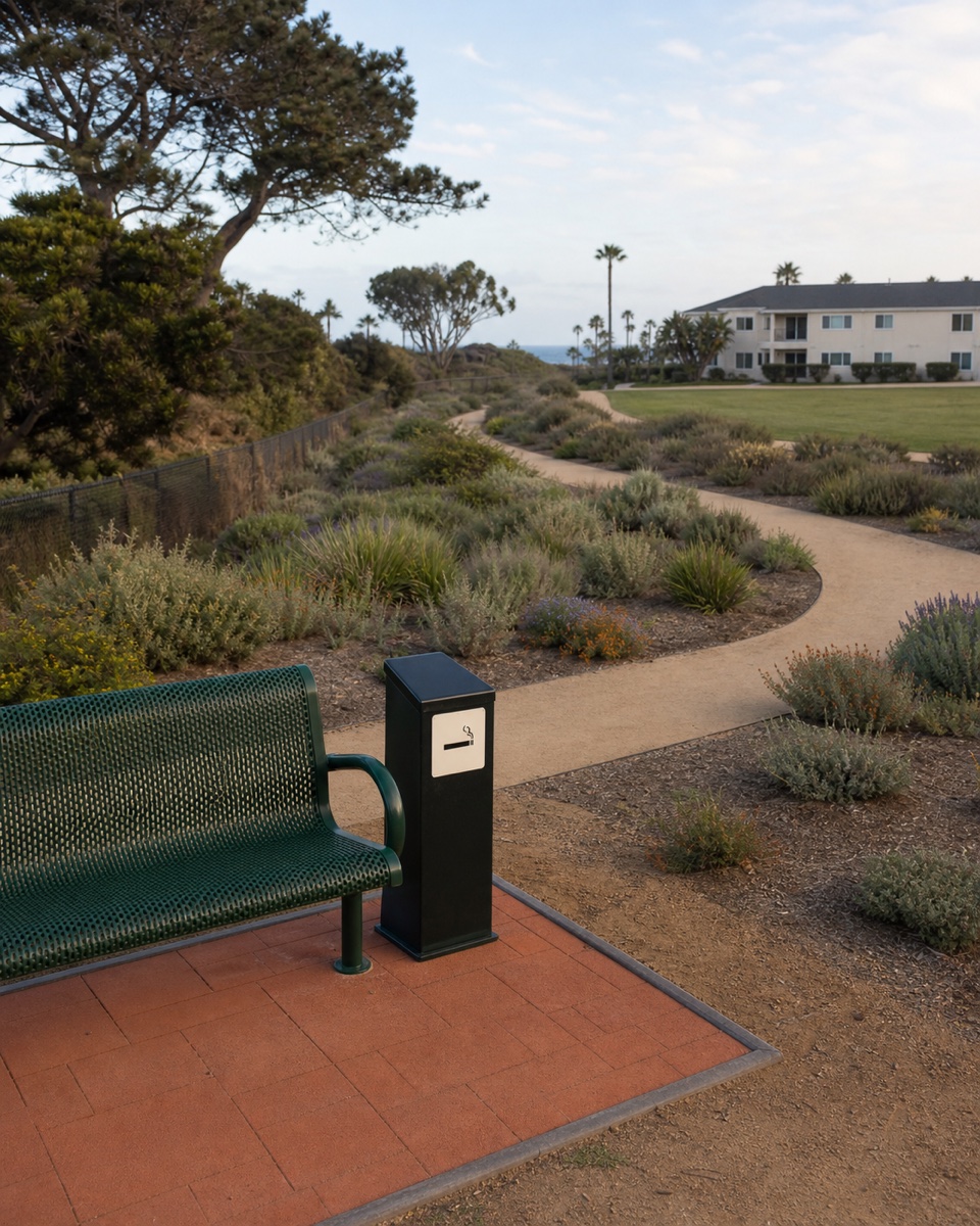 Designated outdoor smoking area separated from apartment openings by a long planted corridor.