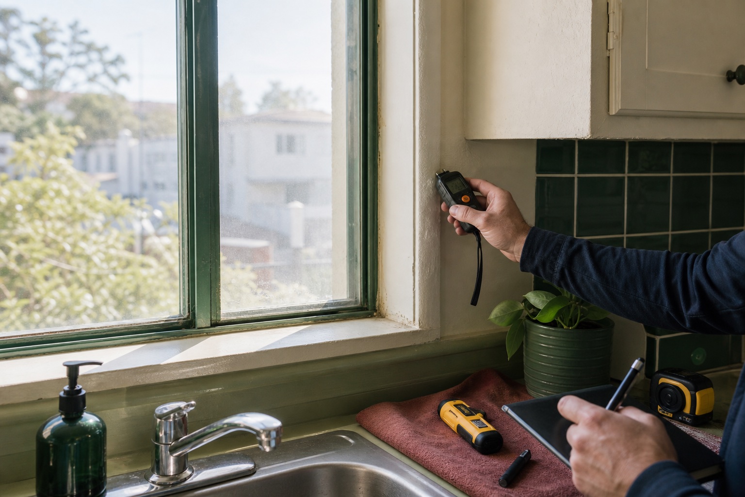 Maintenance professional checking a window and sink wall during a routine repair inspection