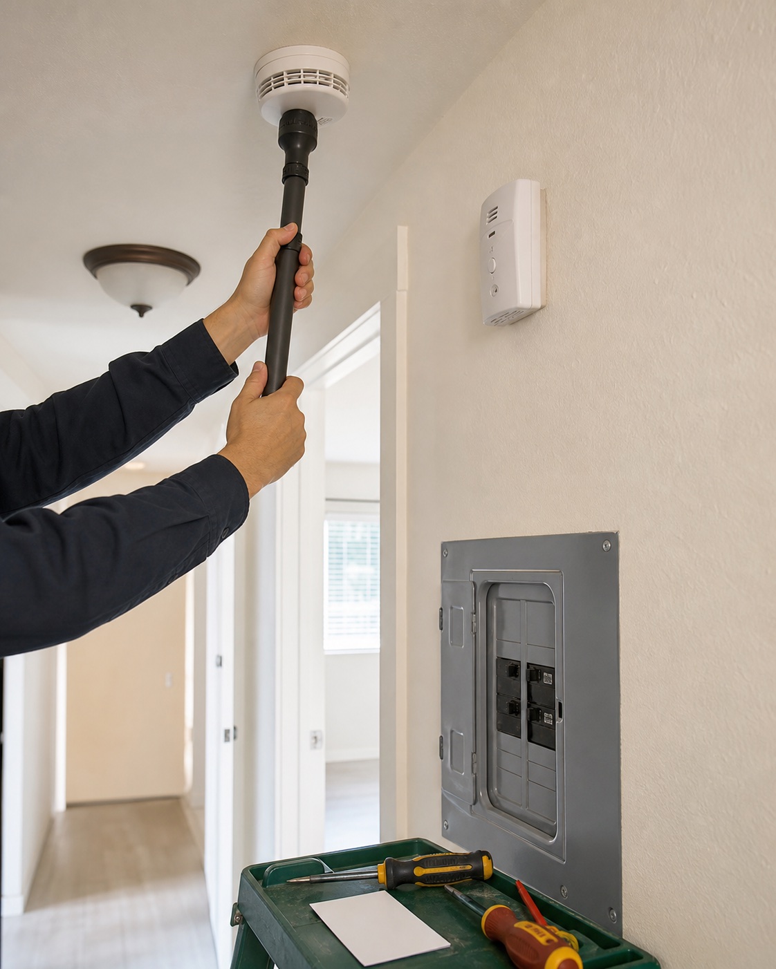 Technician testing a smoke alarm during an illustrative rental safety inspection