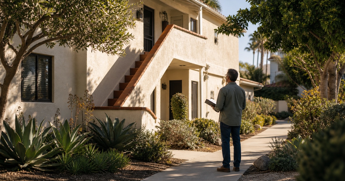 Owner reviews an unbranded property folder outside a landscaped Southern California multifamily rental.