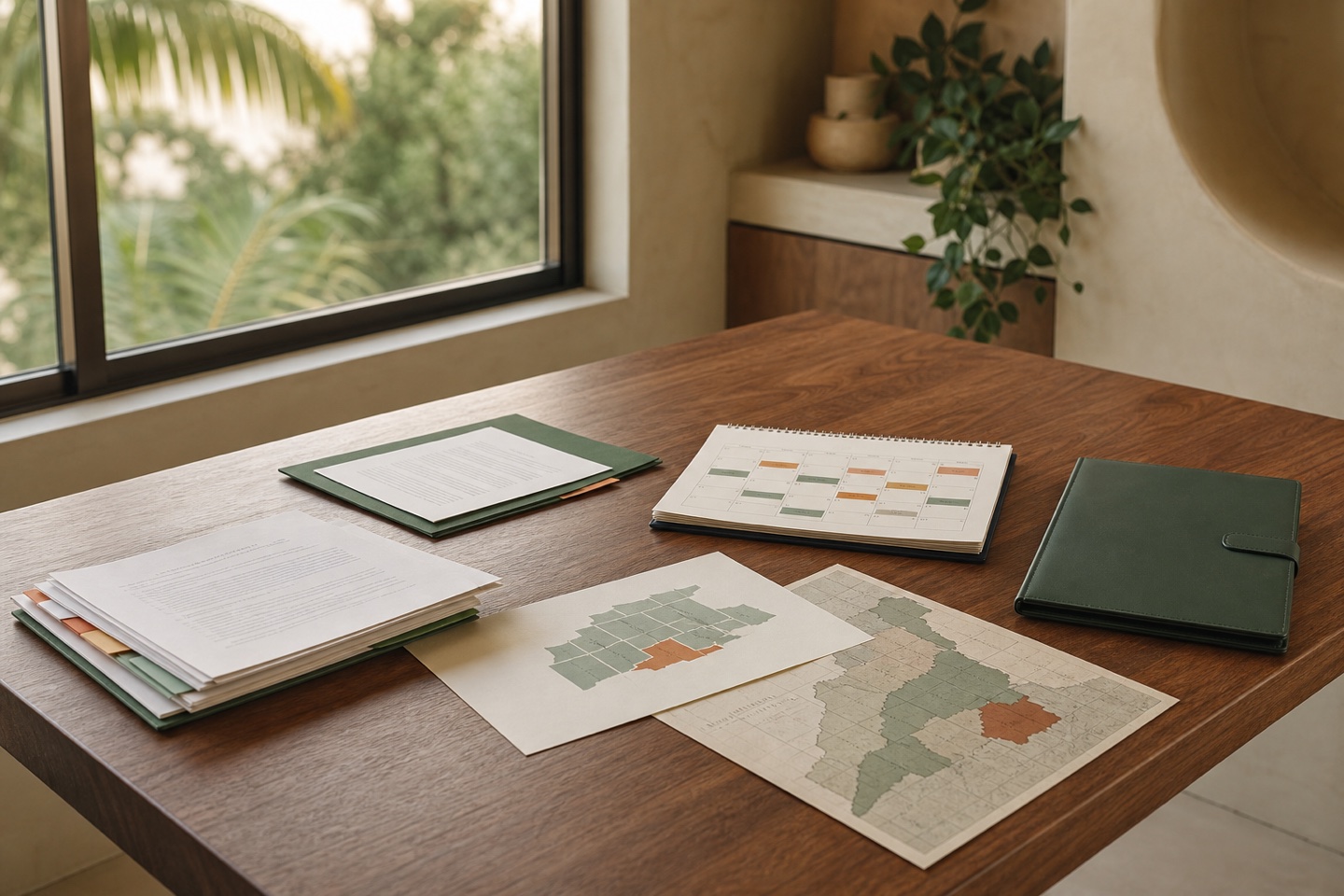 Lease sections, a maintenance calendar, jurisdiction shapes, and a green folio arranged as a preventive compliance system.