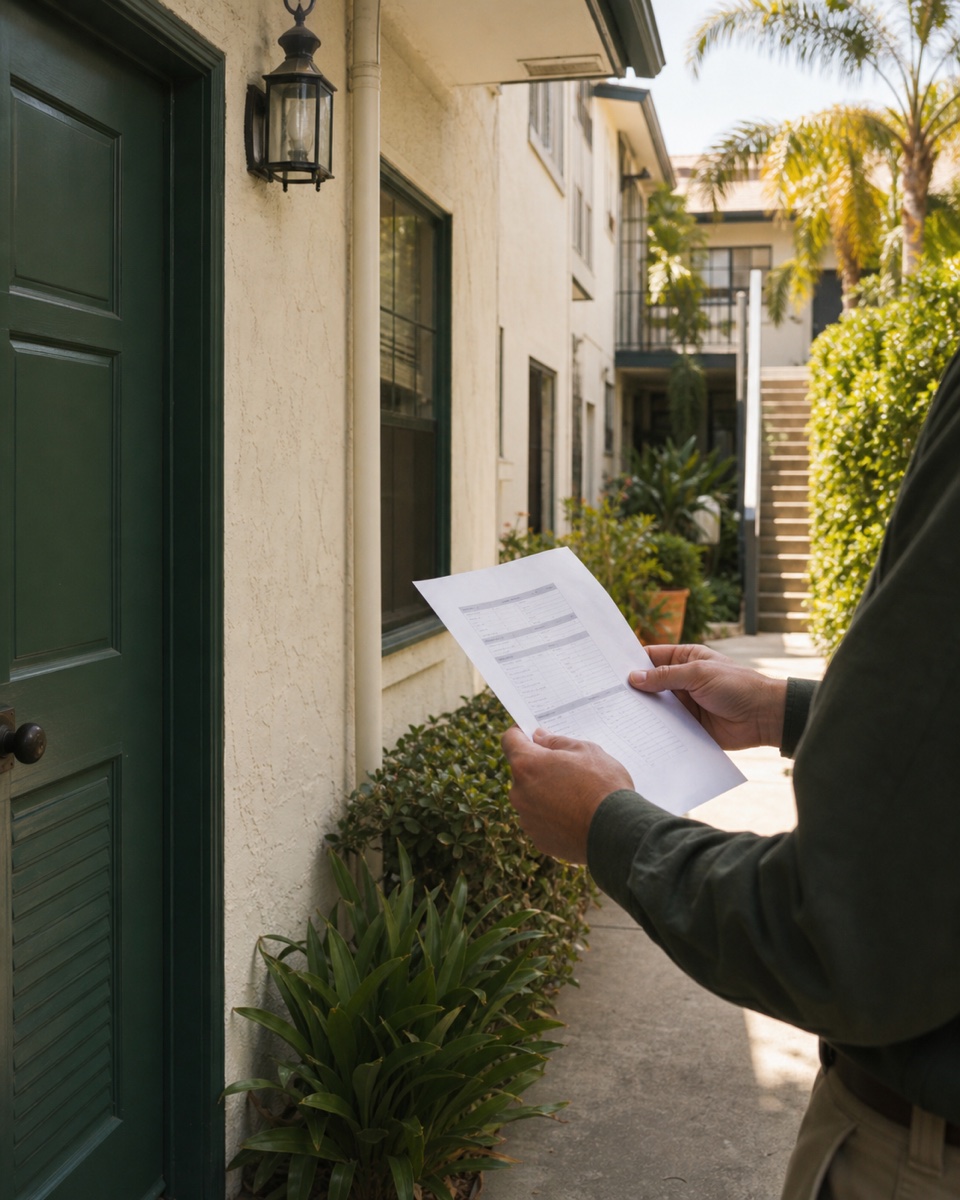 Owner compares a maintenance schedule with the visible exterior condition of a California rental property.