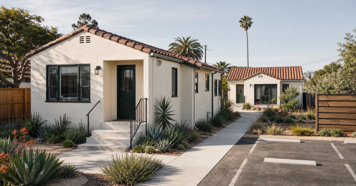 Shared California rental courtyard showing separate entries, parking, utility, and storage features.