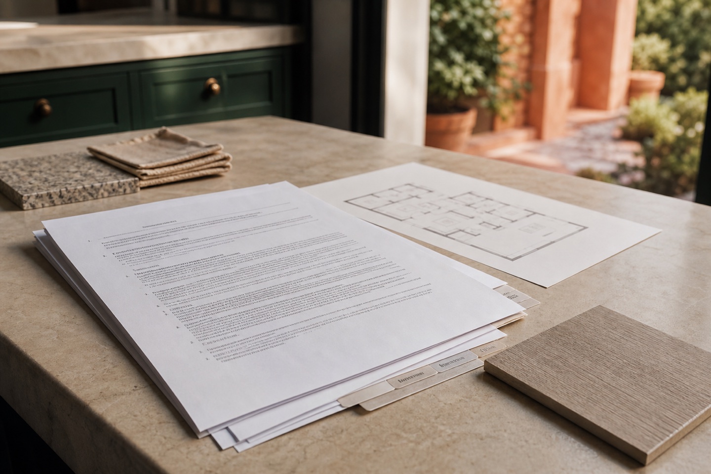 Unbranded lease packet with addenda tabs, a premises sketch, and a flooring sample.