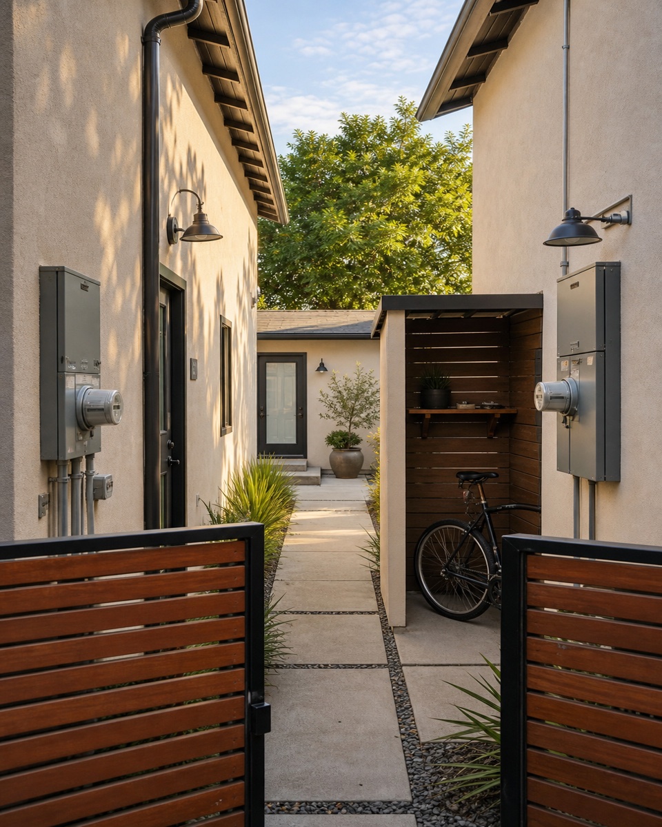 Deep-green passageway showing utility, storage, and access boundaries at a rental property.