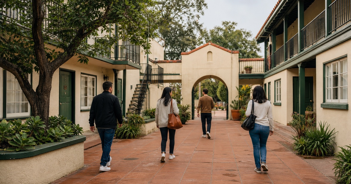 Four prospective renters walk through a California apartment courtyard during a consistent screening process.