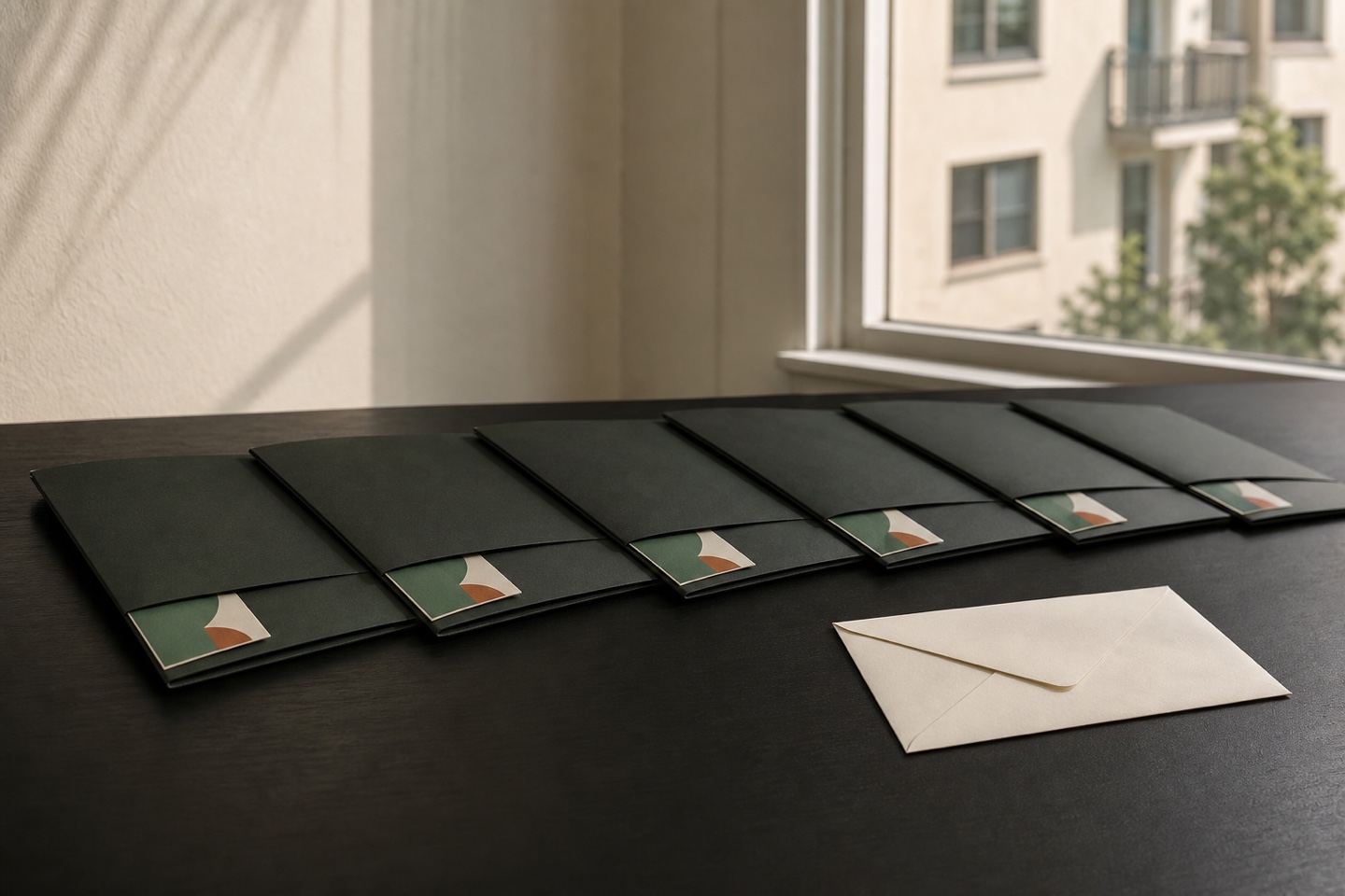 Six identical application folios arranged with matching criteria cards and a sealed report envelope.