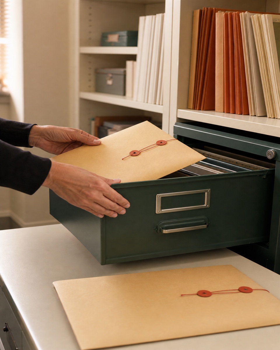 Hands place a sealed applicant report into a secure drawer beside a closed decision folio.