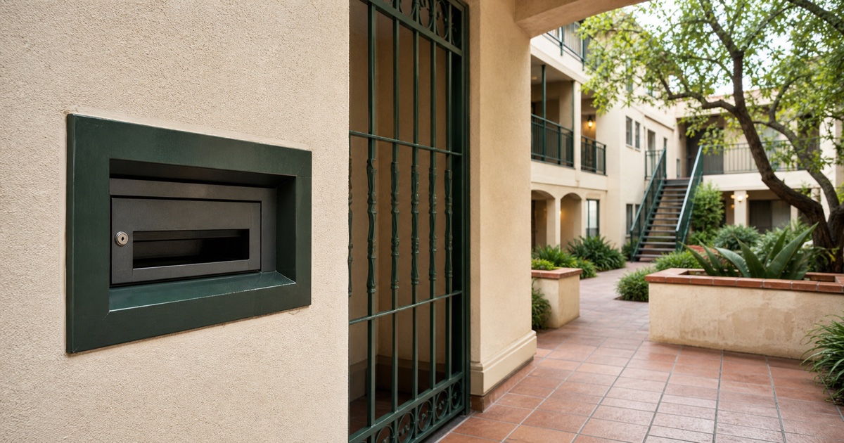 Secure exterior rent-payment point integrated into a California apartment property's entry.
