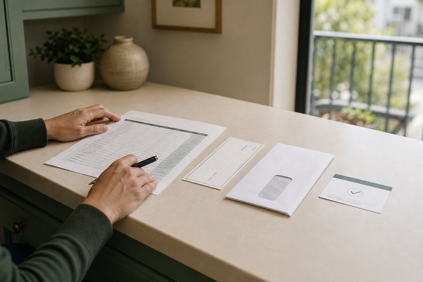 Hands reconcile an unreadable rent ledger with check, envelope, and electronic payment records.