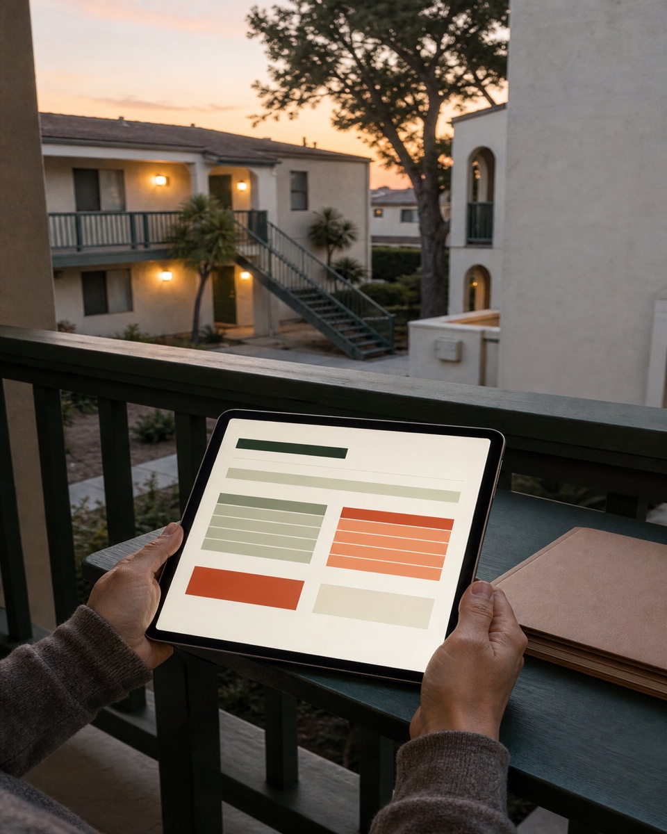 Owner reviews an abstract rent-balance ledger on an unbranded tablet at a rental property.