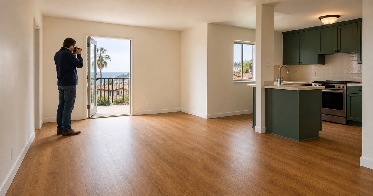 Owner photographs the overall condition of an empty California rental room.