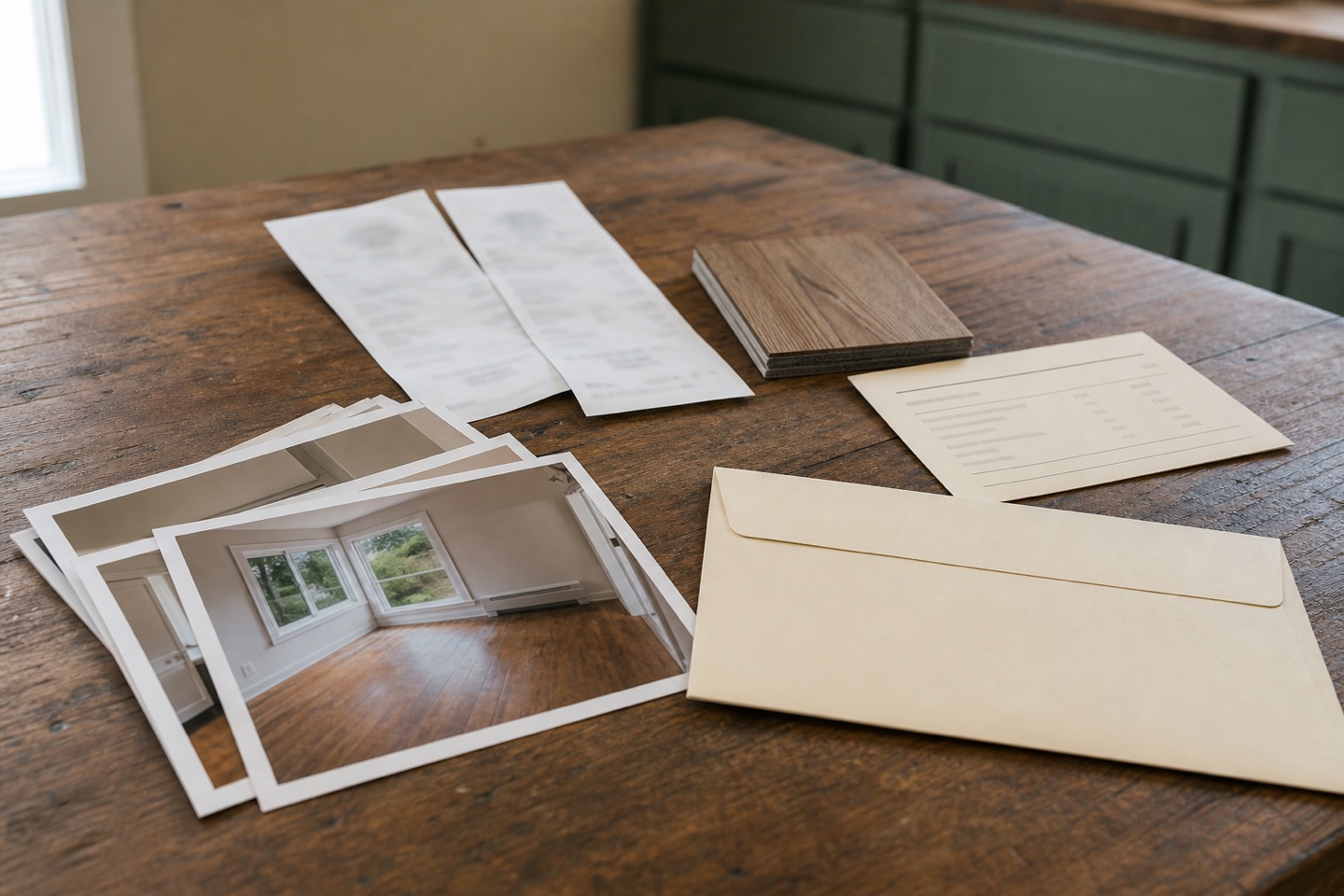 Condition photographs, receipts, material sample, estimate card, and accounting envelope arranged for deposit review.