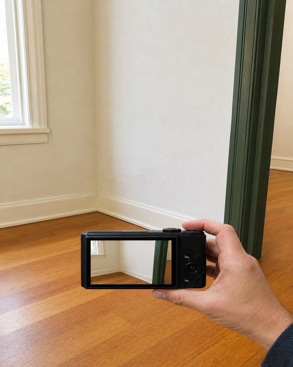 Hand holds a compact camera level to document a wall-and-floor junction at move-out.