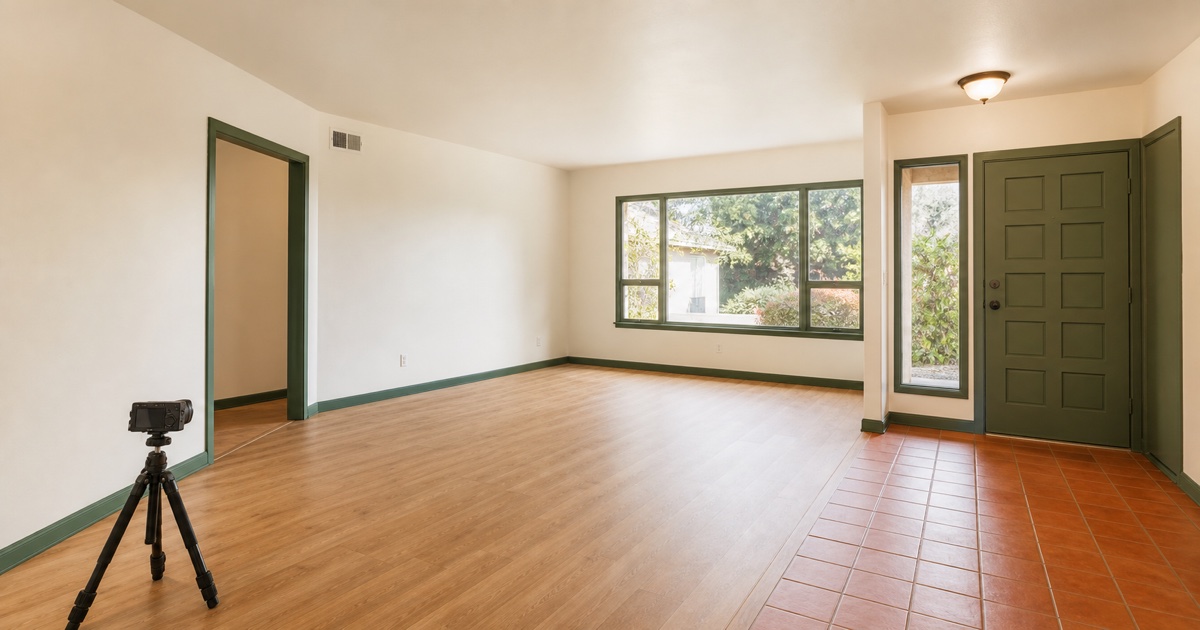 Compact camera on a tripod captures a repeatable overview of an empty rental room.