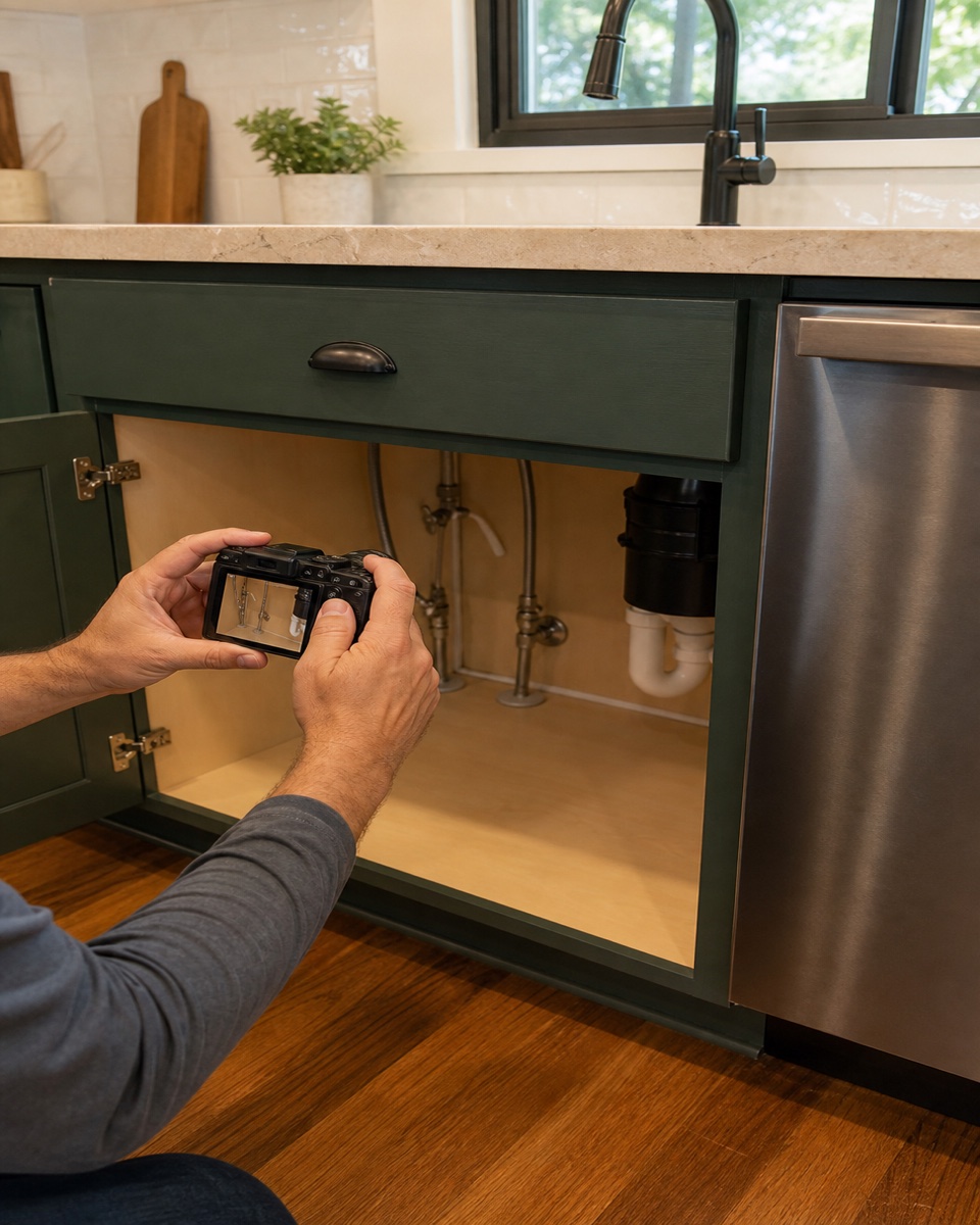 Hands use a compact camera to document cabinet, plumbing, and appliance condition.