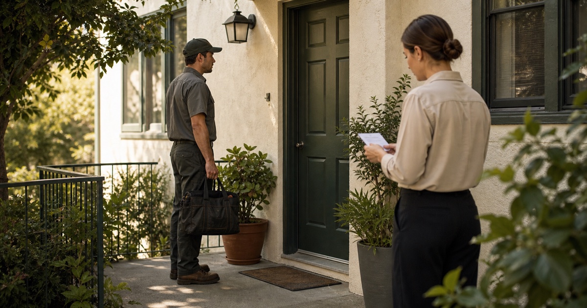 Repair professional waits outside a California rental while a property representative reviews a service card.