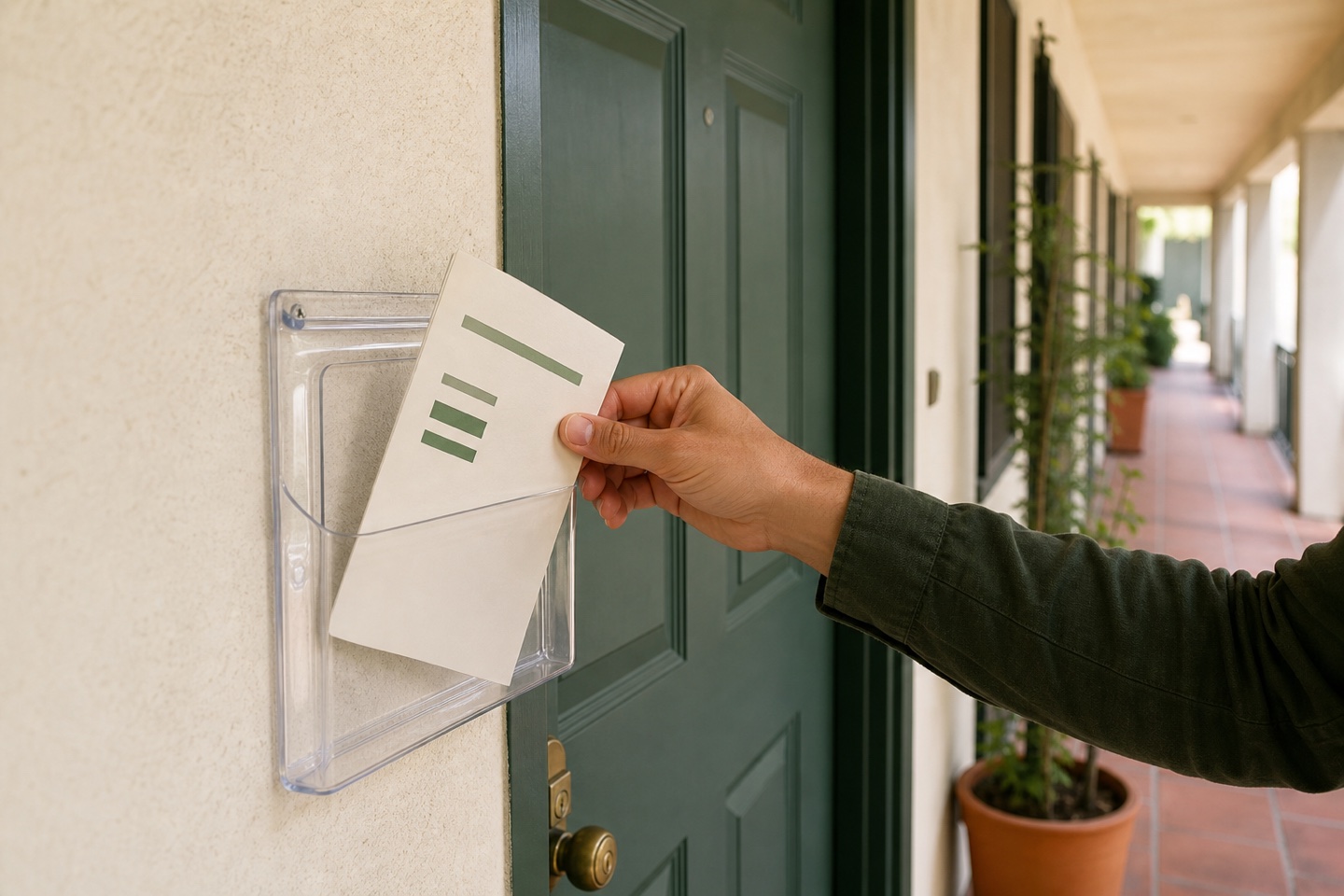 Hand places a plain timing notice into a weatherproof sleeve beside a green apartment door.